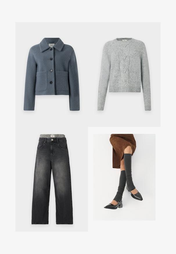 Blågrå teksturert ulljakke med bred krage, frontknapplukking, og to store påsydde lommer, vist på hvit bakgrunn.; Lys grå strikket genser med lange ermer, rund hals og sentral flettestrikkmønster på forsiden.; Sorte denim bukser med vide ben og et houndstooth-mønstret taljebånd. Funktioner inkluderer forlommer og knappelukning. Slidt tekstur.; Sorte lakkpumps med spiss tå, blokkhel, og ankelstropp, kombinert med grå ribbestrikkede beinvarmere og et brunt semsket skinn skjørt.