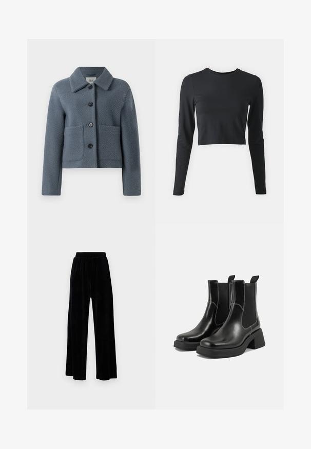 Blau-graue, strukturierte Wolljacke mit breitem Kragen, Knopfverschluss vorne und zwei großen aufgesetzten Taschen, vor einem weißen Hintergrund präsentiert.; Schwarzes, cropped Langarmshirt aus weichem, elastischem Material. Es hat einen runden Ausschnitt und enganliegende Ärmel, in einfarbigem Design ohne Muster.; Schwarze weit geschnittene Hose aus weichem Samt, mit einem elastischen Bund und einer glatten Textur, ohne sichtbare Details oder Muster.; Schwarze Leder Chelsea-Stiefel mit einem klobigen Absatz, elastischen seitlichen Einsätzen und kontrastierendem weißen Nähten. Strukturierte Oberfläche.