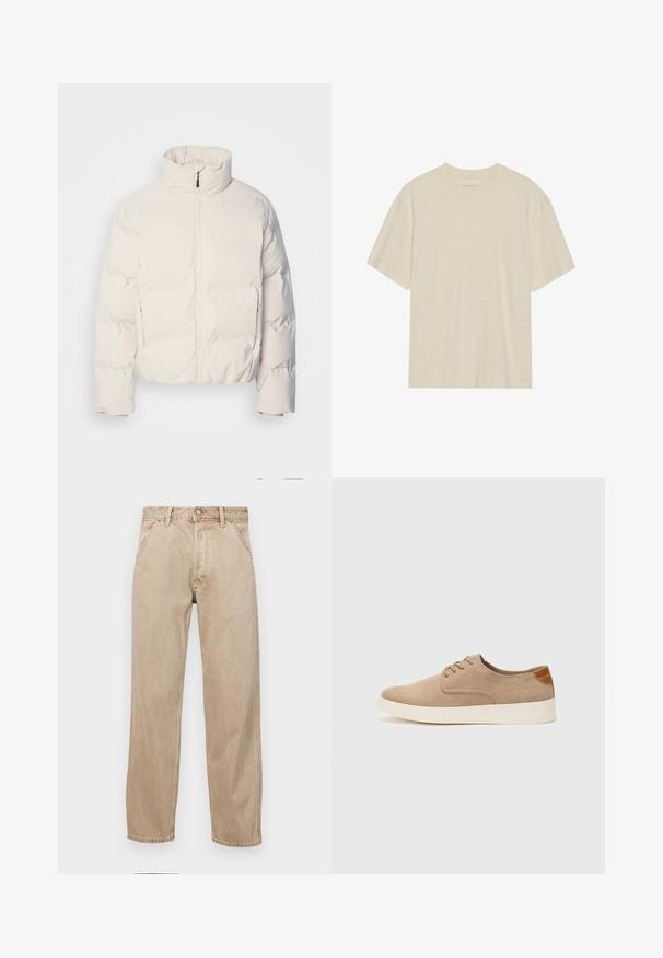 Balta pūkinė striukė su stovinčia apykakle, priekiniais užtrauktukais, trumpa forma ir išsiuvinėtu paviršiumi, pasižyminti lygiu, blizgiu apdaila.; Kreminės spalvos trumpa rankovė marškinėliai su subtiliu dryžuotu tekstūru ir apvaliu iškirpimu, pagaminti iš lengvo audinio.; Smėlio spalvos džinsai su tiesia kojų siluetu, turintys priekinę kišenę, metalinį mygtuką ir subtilią tekstūrą.; Bežiniai zomšiniai sportbačiai su apvaliomis pirštų dalimis, raišteliais priekyje ir tekstūruotu užkulniu. Balta guma suteikia kontrastą. Paprastas ir modernus dizainas.