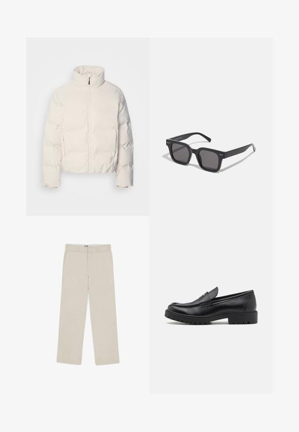 Balta pūkainā jaka ar stāvo apkakli, priekšējo rāvējslēdzēju, īsu piegriezumu un quiltētu tekstūru, ar gludu, spīdīgu apdari.; Balts kokvilnas T-krekls ar īsām piedurknēm, apaļu kakla izgriezumu un brīvu piegriezumu. Gluda tekstūra bez redzamām rakstu vai akcentu detaļām.; Beige plati bikses ar gludu tekstūru, ar jostu cilpiņām, divām priekšējām kabatām un ar rāvējslēdzēja aizdari. Minimālisma dizains.; Melni ādas loafers ar noapaļotu pirkstu, viegli uzvelkami, un biezu gumijas zoli ar teksturētu saķeri. Pacelta papēža un diskrētas šuvju detaļas.; Melnas taisnstūra saulesbrilles ar tumšiem stikliem, kuras iezīmē bieza rāmja konstrukcija, diskrēti akcenti sānos, un nav redzamu logo ārpus zīmola nosaukuma.
