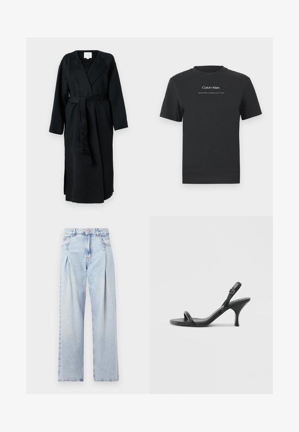 Calvin Klein ARCHIVE COAT - Cappotto classico - black; T-shirt in cotone nero con scollo rotondo, maniche corte e logo stampato bianco "Calvin Klein" insieme al testo "Established 1968".; Jeans in denim azzurro chiaro con vita alta, taglio a gamba larga, due tasche laterali e design plissettato. Texture morbida con una finitura sbiadita.; Sandali con tacco alto in pelle nera, con tacco sottile e curvo e design a fascia incrociata. Cinghia alla caviglia regolabile. Texture liscia.