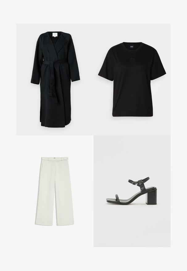 Calvin Klein ARCHIVE COAT - Classic coat - black; Black cotton t-shirt with a crew neckline, short sleeves, and an embroidered logo on the chest. Simple, relaxed fit with no patterns.; Wide-leg pants in light cream fabric, featuring side pockets, a flat front, and a single button closure at the waist. Smooth texture.; Black leather block-heeled sandal with a wide strap across the toe and an adjustable ankle strap, featuring a sleek, minimalist design.