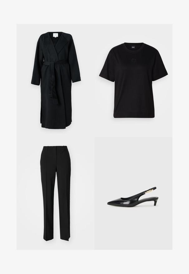 Calvin Klein ARCHIVE COAT - Klasičan kaput - black; Crna pamučna majica s okruglim izrezom, kratkim rukavima i izvezenim logotipom na prsima. Jednostavan, opušten kroj bez uzorka.; Crne krojene hlače ravnog kroja, s glatkom teksturom i oštrim pregibima naprijed. Bez vidljivih metalnih dijelova.; Crne kožne sandale s petom, s izduženim vrhom, imaju usku petu i zlatni akcent na podesivoj traci. Glatka tekstura.