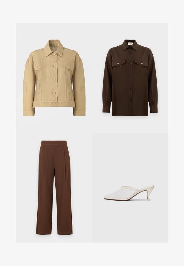 Šviesiai rusvas džinsinis švarkas su apykakle, priekiniai mygtukų uždarymai ir dvi krūtinės kišenės. Pasižymi struktūrizuotu siluetu ir ilgomis rankovėmis.; Tamsiai rudas ilgarankovis mygtukų marškiniai su dviem kišenėmis ant krūtinės ir klasikiniais apykakle, pristatomas prieš paprastą baltą foną.; Rudos, plačios kelnės su lygiu paviršiumi, turinčios tiesią priekinę dalį ir klostes. Juosmuo elastinis, suteikiantis komfortą ir tinkamumą.; Baltos tinklelio smailiakojės mules su plonu vidutinio aukščio kulnu ir užkulnio dizainu ant vientiso fono.