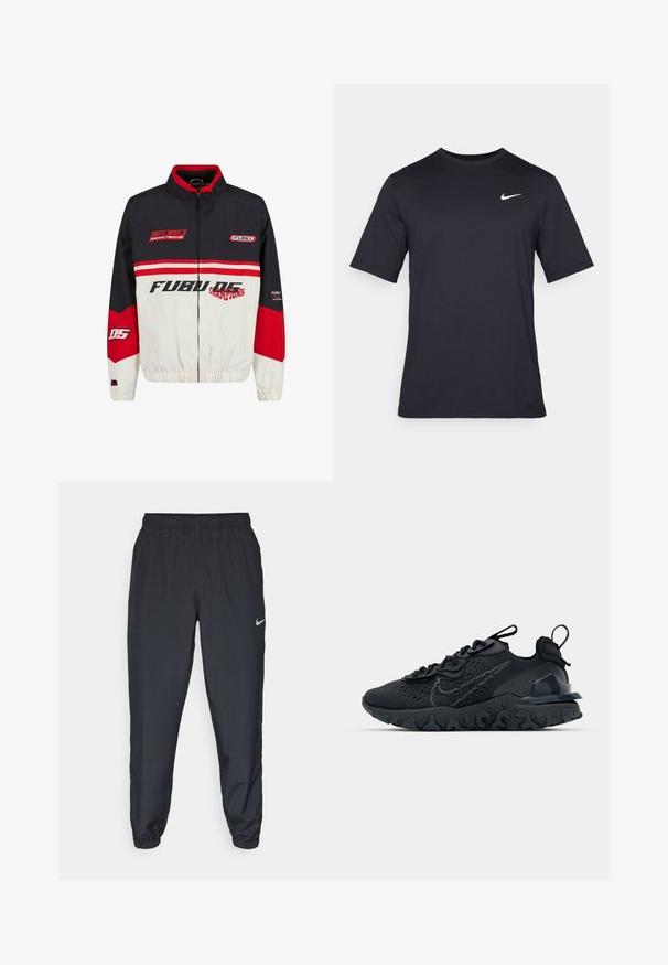 FUBU jakna s crnom, crvenom i bijelom shemom boja. Napravljena od laganog materijala sa zatvaranjem na zatvarač, elastičnim manžetama i upečatljivim logotipom.; Crna kratka majica s kratkim rukavima marke Nike, izrađena od glatkog materijala, s bijelim swoosh logom na gornjoj lijevoj strani, okrugli izrez.; Crne trenirke od laganog materijala s elastičnom trakom u struku, manžetama na gležnjevima i diskretnim Nike logom s lijeve strane.; Crne atletske cipele s prozračnom mrežastom gornjom djelom, teksturiranim detaljima i valovitom gumenom potplatom. Sadrži reflektirajući logo i sistem vezanja.