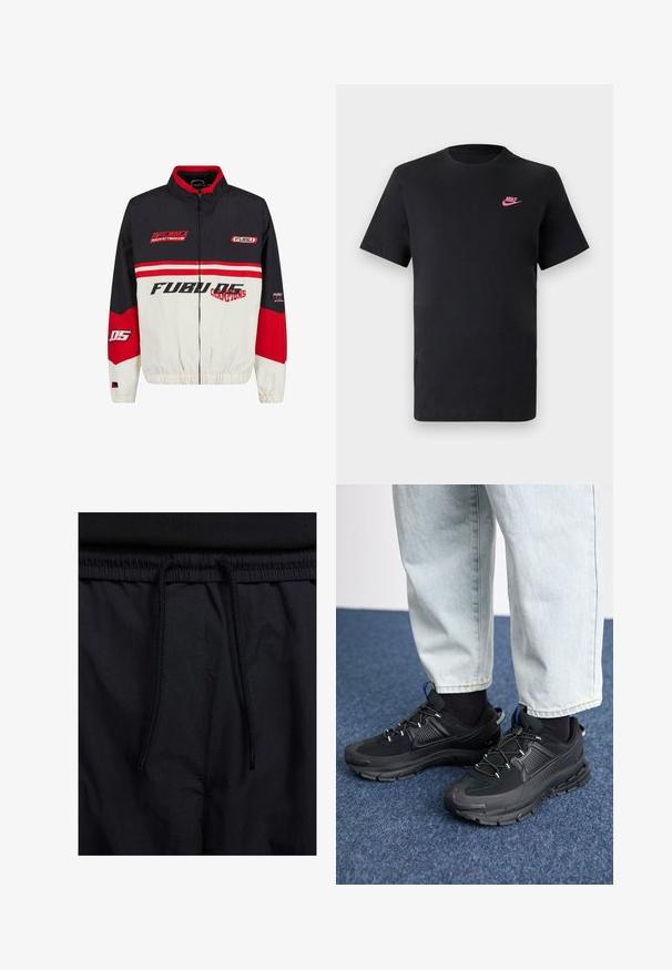 FUBU-takki, jossa on musta, punainen ja valkoinen värimaailma. Valmistettu kevyestä materiaalista, jossa on vetoketjusuljenta, joustavat hihansuut ja rohkea logoteksti.; Mustat puuvillapaita, jossa on pyöreä pääntie ja lyhyet hihat. Vasemmalla ylhäällä on vaaleanpunainen Nike-logo. Saumaton pinta.; Mustat shortsit, joissa on naru vyötäröllä, kevyestä kankaasta valmistettu, sileä tekstuuri ja yksinkertainen muotoilu ilman näkyviä logoja tai kuvioita.; Mustat urheilukengät, joissa on teksturoitu kangas ja kumipohjat, elastiset nauhat ja sininen yksityiskohta kannassa. Yhdistetty vaaleisiin farkkuihin.
