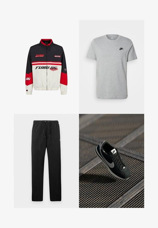 FUBU striukė su juoda, raudona ir balta spalvų schema. Pagaminta iš lengvos medžiagos, su užtrauktuku, elastingomis rankovėmis ir ryškiu logotipu.; Pilkas trumpas rankovėmis marškinėliai iš medvilnės, su juodu Nike logotipu krūtinėje ir apvaliu iškirpimu. Minimalistinis dizainas be raštų.; Juodos vilnonės kelnės su elastiniu juosmeniu ir raišteliais, dviem priekinėmis kišenėmis ir maža slogo ant šlaunies.; Juodos Nike sportbačiai su pilkais akcentais, iš zomšos ir tinklinės medžiagos, tekstūruotu padu, siauru siluetu ir klasikiniu raištelių užsegimu.