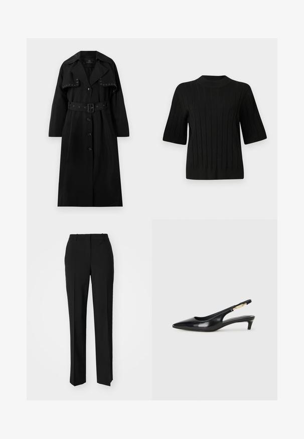 Casaco trench preto feito de tecido liso. Apresenta uma cintura com cinto, grande colarinho, fecho de botão e ilhós decorativos em prata na frente.; Sweater preto de manga curta com textura canelada e gola alta, apresentando riscas verticais e uma silhueta justa.; Calças pretas de corte ajustado com um design de perna reta, apresentando uma textura lisa e pregas bem definidas na frente. Sem hardware visível.; Saltos slingback em couro preto com bico fino, apresentando um salto esguio e um detalhe em tom dourado na alça ajustável. Textura suave.