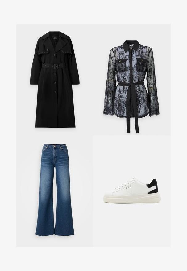 Sort trenchcoat lavet af glat stof. Har et bælte i taljen, stor krave, knaplukning og dekorative sølvøjer foran.; Sort blonde med lange ærmer, knaplukket brystlommer, klassisk krave og et stofbælte der er bundet om taljen. Gennemsigtig design.; Sorte denim jeans med brede ben i mørkeblå, med høj talje, diskret slidmærker og rå kant. Fremstillet af standard denim materiale.; Hvide lædersneakers med en tyk hvid sål, sort ruskindhælvægt og prægede logoer på siden. Snørebåndsdesign med seks øjer.