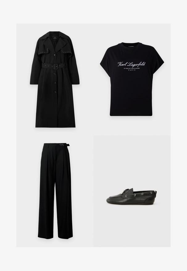 Cappotto lungo nero realizzato in tessuto morbido. Presenta una vita con cintura, un ampio colletto, chiusura con bottoni e occhielli decorativi in argento sul davanti.; T-shirt nero oversize in cotone. Presenta maniche corte e scollo rotondo. La parte frontale mostra del testo bianco: "Karl Lagerfeld 21 RUE ST-GUILLAUME PARIS."; Pantaloni neri a gamba larga con vita alta, pieghe nella parte anteriore e una cintura con fibbia. Realizzati in tessuto liscio e leggero.; Scarpe da barca in pelle nera con punta arrotondata, allacciatura frontale, occhielli in metallo e suola piatta. Presentano una piccola linguetta sul retro.