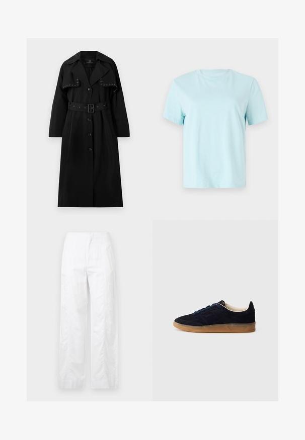 Must musträäk, mis on valmistatud siledast kangast. Omab vöökohtadega taljet, suurt kraed, nööbivälistust ja dekoratiivseid hõbedasi sildu esiosas.; Hele sinine puuvillane t-särk lühikeste varrukatega, ümar kaelus ja ees peenelt tikitud 'Calvin Klein' logo.; Valged laiad püksid, mis on valmistatud kergetest materjalidest, omades siledat tekstuuri, puhtaid jooni ja kõrget vöökohta.; Tumesinised seemisnahast spordijalatsid kummist tallaga, siniste paeltega ja minimalistliku disainiga. Küljel on reljeefne logo ja sees on sile vooder.