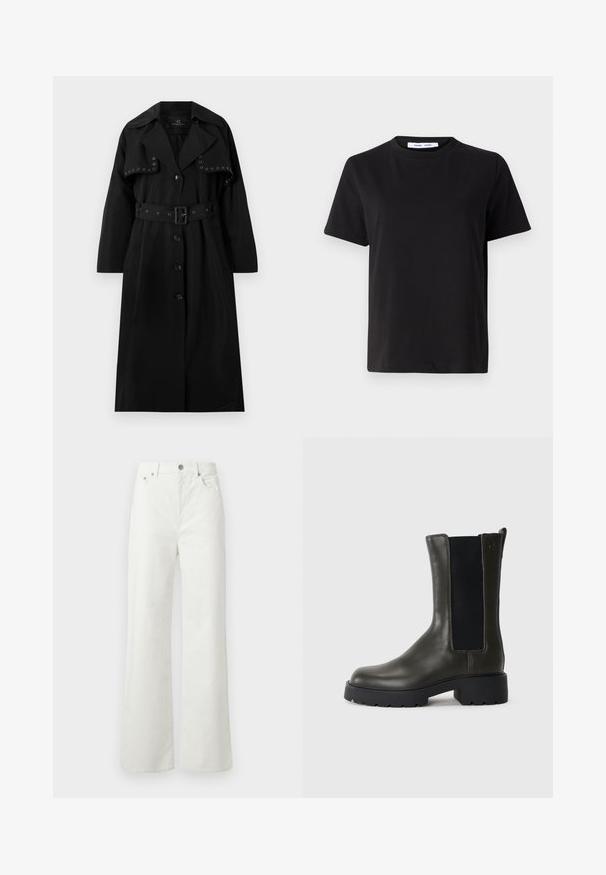 Črn plašč iz gladkega blaga. Ima pas s sponko, velik ovratnik, gumbasto zapiranje in dekorativne srebrne gromete spredaj.; Črna majica s kratkimi rokavi iz mehkega bombaža, ki ima okroglo izrezovanje, udoben kroj in gladko teksturo. Brez vidnih vzorcev ali grafike.; Samsøe Samsøe SHELLY - Široke kavbojke - clear cream; Zelena usnjena gležnjarja z elastikami na straneh, zaokroženo obliko prsta in gumijastim podplatom. Ima teksturirano površino in blok peto.