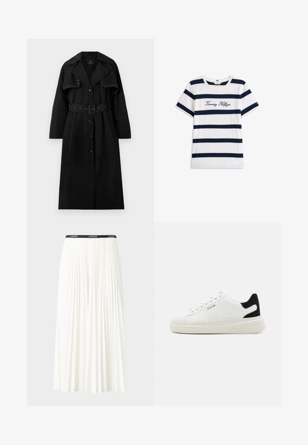 Zwarte trenchcoat gemaakt van gladde stof. Heeft een ceintuur in de taille, grote kraag, knoopsluiting en decoratieve zilveren oogjes aan de voorkant.; Katoenen T-shirt met horizontale marineblauwe strepen op een witte achtergrond. "Tommy Hilfiger" geborduurd in cursieve letters op de borst. Ronde hals.; Plisséminirok in het wit met een zwarte elastische tailleband met het "LACOSTE"-logo. Middellange ontwerp met een zachte textuur.; Witte leren sneakers met een dikke witte zool, zwarte suède hielaccent en een geperst logo op de zijkant. Vetersluiting met zes oogjes.