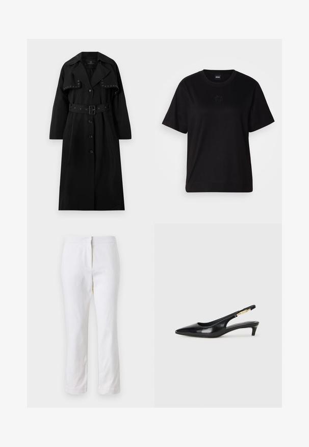 Melns trenču mētelis, kas izgatavots no gludas auduma. Tam ir jostas viduklis, liels apkakle, pogu aizdare un dekoratīvi sudraba grometi priekšpusē.; Melna kokvilnas T-krekls ar apaļu izgriezumu, īsām piedurknēm un izšūtu logotipu uz krūtīm. Vienkāršs, brīvs piegriezums bez rakstiem.; Baltas kokvilnas bikses ar taisnu kāju dizainu, ar vidēju augstumu un bez redzamām detaļām vai rakstiem. Visā virsmā ir gluda tekstūra.; Melnas ādas slingback zābaki ar smailu purngalu, ar šauru papēdi un zelta krāsas akcentu uz regulējama siksniņas. Gluda tekstūra.