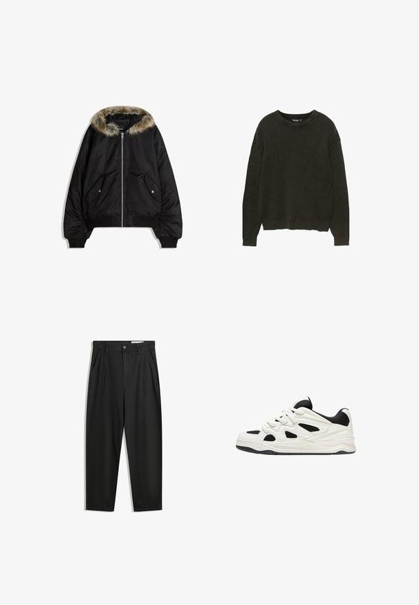 Zwarte bomberjack met een nepbont kap, ritsluiting en zijzakken. Kenmerkt zich door ribgebreide manchetten en zoom, met een gladde buitenkant.; Donkergroen geribbelde trui met lange mouwen, ronde halslijn en een losse fit. Textuurstof met subtiele stretch. Geen zichtbare hardware of patronen.; Zwarte katoenen broeken met een losse pasvorm, voorzien van een klassieke tailleband, voorplooien en zijzakken. Gladde structuur zonder patronen.; Witte en zwarte sportschoenen met een gestructureerde zool, voorzien van uitsnijdingen aan de zijkanten en veters, en een gevoerde achterkant voor ondersteuning.