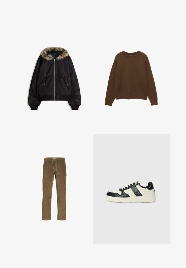 Schwarze Bomberjacke mit einer Kapuze aus Kunstfell, Reißverschluss und Seitentaschen. Verfügt über gerippte Bündchen und Saum, mit einer glatten Oberflächenstruktur.; Brauner gestrickter Pullover mit rundem Ausschnitt, langen Ärmeln und lässiger Passform. Glatte Textur mit gerippten Bündchen und Saum.; Jack & Jones JPSTKANE SN - Stoffhose - elmwood; Leder-Sneaker in Schwarz- und Cremetönen, mit perforierten Akzenten, einem gepolsterten Kragen und einer strukturierten Laufsohle.