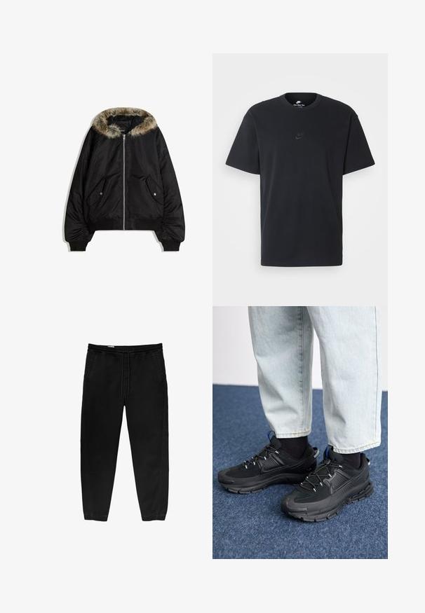 Černá bomber bunda s umělou kožešinou na kapuci, se zipovým zapínáním a bočními kapsami. Má vroubkované manžety a lem, s hladkým vnějším povrchem.; Černé bavlněné tričko Nike s klasickým kulatým výstřihem, krátkými rukávy a decentně vyraženým logem na hrudi. Hladký povrch.; Černé kalhoty s elastickým pasem a stahovací šňůrkou, se zúženými nohavicemi, bočními kapsami a jemnými detaily bočního šití. Měkká textilie z bavlny.; Černé sportovní boty s texturovanou tkaninou a gumovou podrážkou, s elastickými tkaničkami a modrým akcentem na patě. Nosí se s světlými džíny.