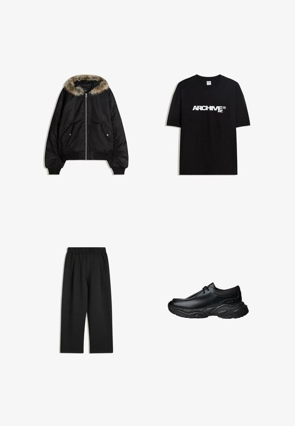 Zwarte bomberjack met een nepbont kap, ritsluiting en zijzakken. Kenmerkt zich door ribgebreide manchetten en zoom, met een gladde buitenkant.; Zwarte katoen T-shirt met een witte "ARCHIVE inc." logo over de borst, korte mouwen en een ronde hals.; Zwarte wijde broek met elastische tailleband en zijzakken, plat weergegeven op een witte achtergrond.; Zwarte leren instapschoenen met een ronde neus en een dikke, gestructureerde rubberen zool. Bevat subtiele stiksels en elastische accenten bij de kraag.