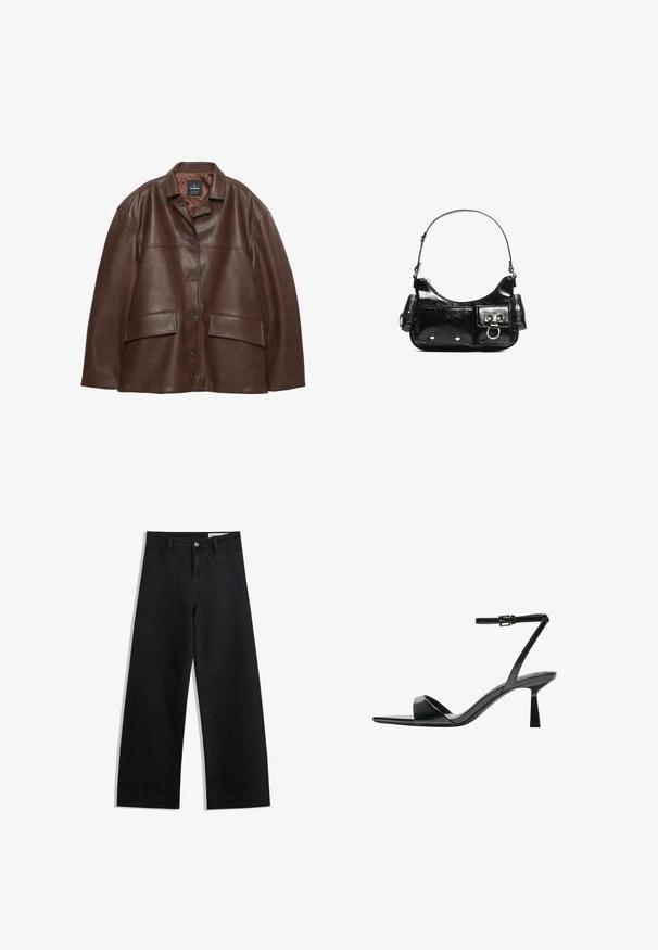 Brązowa skórzana kurtka o teksturze, z zapięciem na guziki, spiczastym kołnierzem i dwiema kieszeniami z klapami na białym tle.; Biały sweter dzianinowy z okrągłym dekoltem, długimi bufiastymi rękawami i ściągaczami. Miękka struktura i luźny krój. Bez wzorów i dodatkowych detali.; Czarne dżinsowe spodnie o szerokich nogawkach i wysokim stanie, z przednimi i tylnymi kieszeniami, przeszyciami oraz zapięciem na guziki. Gładka struktura.; Bershka - Sandały na obcasie; Czarna torebka z lakierowanej skóry o zaokrąglonym kształcie, z jednym paskiem na ramię, przednimi kieszeniami i akcentami w kolorze srebrnym.