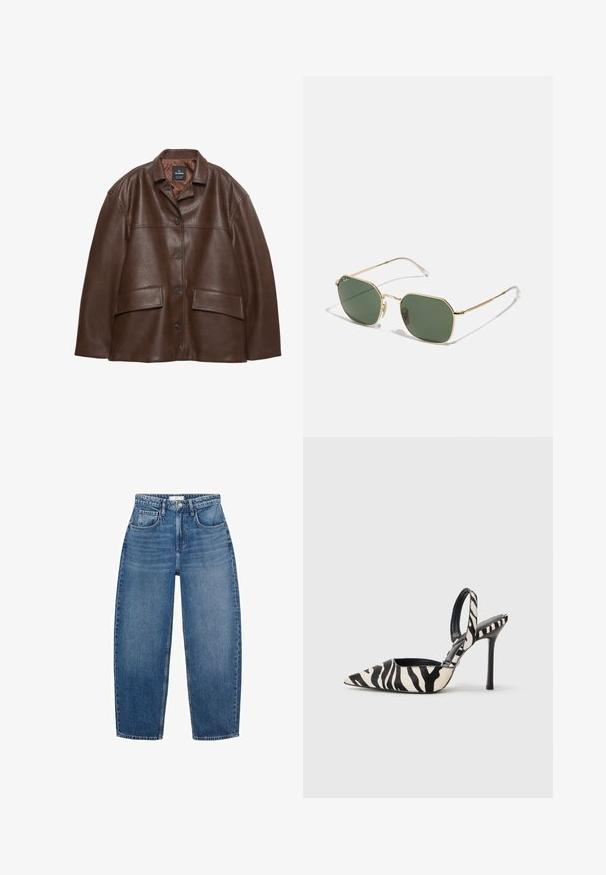 Rjav usnjeni jopič s teksturo, gumbom spredaj, sponastim ovratnikom in dvema žepoma s poklopcem na belem ozadju.; Črn peplum top z prilegajočim bodicejem in širokim robom. Narejen iz raztegljive tkanine, ima gladko teksturo in brez okrasnih elementov.; Visoko pasovi modri traper hlače s ravnim krojem, ki imajo pet žepov, pasne zanke in subtilno zbledelost za dodaten tekstur.; Slingback pete z visoko konico v črno-kremastem zebrovem vzorcu, z ozkim visokim peto in odprtimi hrbtom ter črnim notranjim delom.; Sončna očala z zlatim okvirjem in zelenimi lečami, v osemkotni obliki, s tankimi nogicami in prozornimi konicami. Minimalističen dizajn in detajli iz kovine.