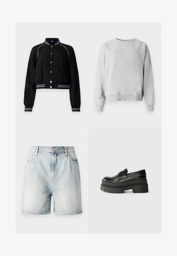 Melna bomber jaka ar īsu dizainu, ar baltām svītrām ap kaklu un piedurknēm, priekšā aizdara ar metāliskajām pogām.; Gai pelēks džemperis ar apaļu izgriezumu, ribotām piedurknēm un apakšmalu, kā arī diskrētu teksta logo krūtīs. Mīksta, teksturēta auduma.; Gaiši zili džinsaeši ar pogu slēgšanu, piecām kabatām un nodilušu tekstūru. Taisnas griezuma ar klasisku dizainu.; Melnas ādas loafers ar masīvu platformas zoli. Noapaļota purngala forma, priekšējā šuvju detaļa un smalki šuvju akcenti. Plakana, teksturēta zole.