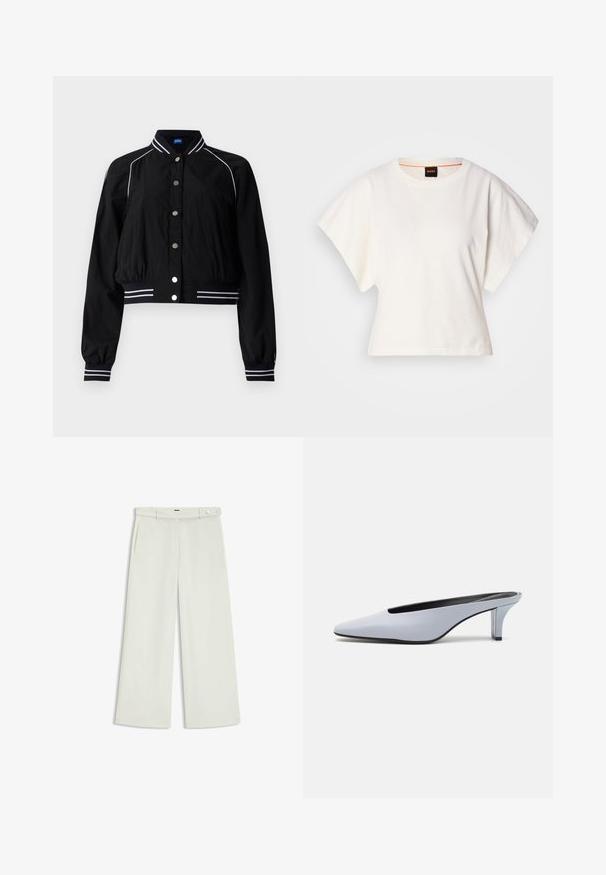 Sort bomberjakke med en cropped design, der har hvide stribede detaljer på kraven og manchetterne, lukket med metalliske knapper foran.; Hvid cropped T-shirt, korte brede ærmer, blødt bomuldsstof, rund halsudskæring med diskret orange kant, minimalistisk design uden mønstre eller grafik.; Bredde bukser i lys cremefarvet stof, med sidelommer, flad front og en enkelt knaplukning i taljen. Glat tekstur.; Lys blå patentlæder mule med spids tå, lav gennemsigtig hæl og et elegant design med udskæring ved vamps.