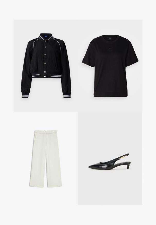 Black bomber jacket with a cropped design, featuring white striped accents on the collar and cuffs, secured with metallic buttons in front.; Black cotton t-shirt with a crew neckline, short sleeves, and an embroidered logo on the chest. Simple, relaxed fit with no patterns.; Wide-leg pants in light cream fabric, featuring side pockets, a flat front, and a single button closure at the waist. Smooth texture.; Black leather slingback heels with a pointed toe, featuring a slim heel and a gold-tone accent on the adjustable strap. Smooth texture.