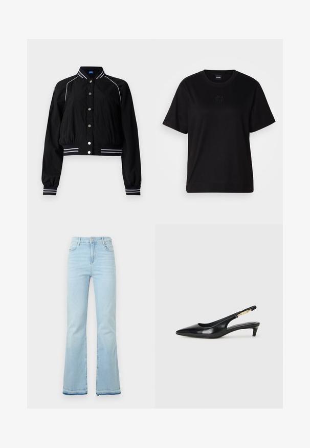 Juodas bomber tipo džemperis su sutrumpintu dizainu, su baltais juostelėmis ant apykaklės ir rankovių, užsegamas metaliniais mygtukais priekyje.; Juodas medvilninis marškinėliai su apvalia iškirpte, trumpomis rankovėmis ir siuvinėjimu ant krūtinės. Paprastas, laisvas siluetas be raštų.; Šviesiai mėlyni, platėjantys džinsai pagaminti iš denimo, su aukštu juosmeniu, priekinėmis kišenėmis ir nelygiais apačiais, suteikiančiais kasdišką išvaizdą.; Juodas odinis pavasario batelių modelis su smailiu nosiu, turintis siaurą kulniuką ir auksinės spalvos akcentu reguliuojamoje juostoje. Lygi tekstūra.