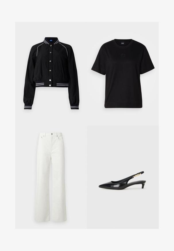 Mustmust mustroom kapuutsiga must jakk, millel on lühendatud disain, valge triibuline aktsent krael ja mansettidel, ees metallnuppudega kinni.; Mustmust särk, millel on ümar kaelus, lühikesed varrukad ja tindiga tikitud logo rinnal. Lihtne, mugav lõige ilma mustriteta.; Samsøe Samsøe SHELLY - Avar lõikega teksad - clear cream; Mustad nahast slingback kontsad terava ninaga, millel on õhuke konts ja kuldse tooni aktsent reguleeritaval rihmal. Sile tekstuur.