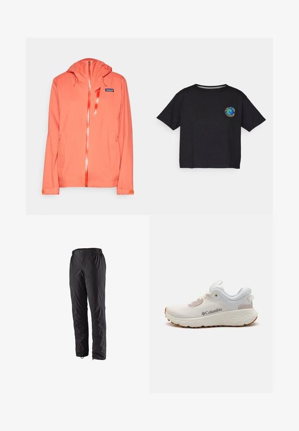Patagonia GRANITE CREST - Jachetă hardshell - pimento red; T-shirt scurt cu mânecă, de culoare neagră, din bumbac, având un logo circular multicolor pe piept. Tiv dreapt și croială lejeră.; Pantaloni impermeabili negri cu talie elastică, buzunare laterale cu fermoar, picioare conice și textură netedă. Potriviți pentru activități în aer liber.; Pantofii sport Columbia, ușori, din plasă albă, cu o talpă texturată gri și tracțiune din cauciuc. Prezintă o margine căptușită și un design cu șireturi.