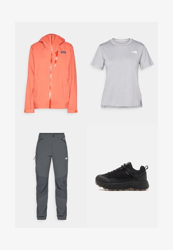 Patagonia GRANITE CREST RAIN - Hardshell jacket - pimento red; Grey short-sleeve t-shirt made of soft, moisture-wicking fabric. Features a crew neck and a small white logo on the upper left.; Dark gray outdoor pants with reinforced knee patches, zippered side and front pockets, button closure, and The North Face logo on thigh.; Black athletic shoes with a textured leather and fabric upper, patterned sole, reinforced toe, and adjustable lacing system.