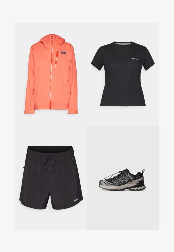 Patagonia GRANITE CREST RAIN - Hardshell bunda - pimento red; Čierne bavlnené tričko s okrúhlym výstrihom a krátkymi rukávmi. Obsahuje biele logo "Patagonia" v ľavej časti hrudníka.; Čierne plavecké šortky vyrobené z ľahkej tkaniny, s elastickým pásom, šnúrkou na sťahovanie a bočnými vreckami pre funkčnosť.; Čierna a sivá atletická obuv s hornou časťou z mäkkého materiálu, gumovou podrážkou a elastickým šnúrkovým systémom. Obsahuje spevnenú špičku a textúrované akcenty.