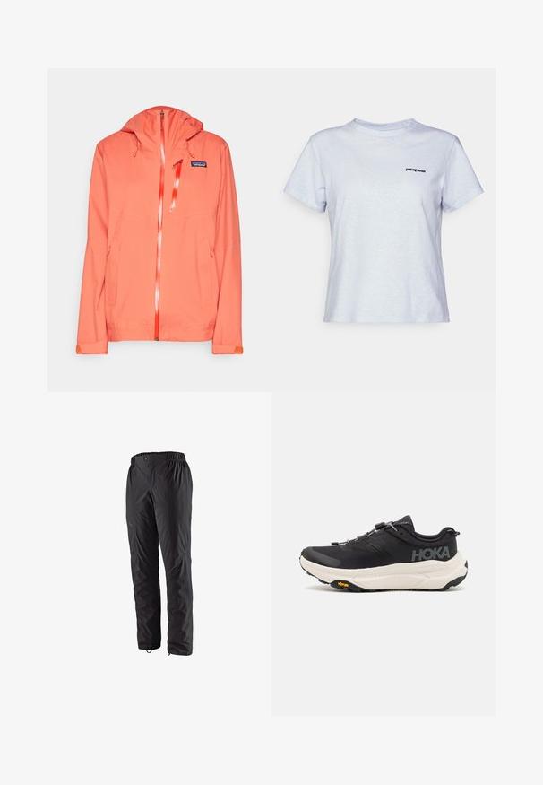 Patagonia GRANITE CREST - Hardshell jacket - pimento red; Lys blå bomull t-skjorte med korte ermer, rund hals og en liten svart logo med teksten "patagonia" på venstre bryst.; Svarte vanntette bukser med elastisk midje, sidelommer med glidelås, tapered ben og glatt tekstur. Passer for utendørs aktiviteter.; Sorte joggesko med et pustende mesh-overdel, gummisåle, hvit dempemellomsåle og reflekterende lisser. Vibram-logo på sålen.