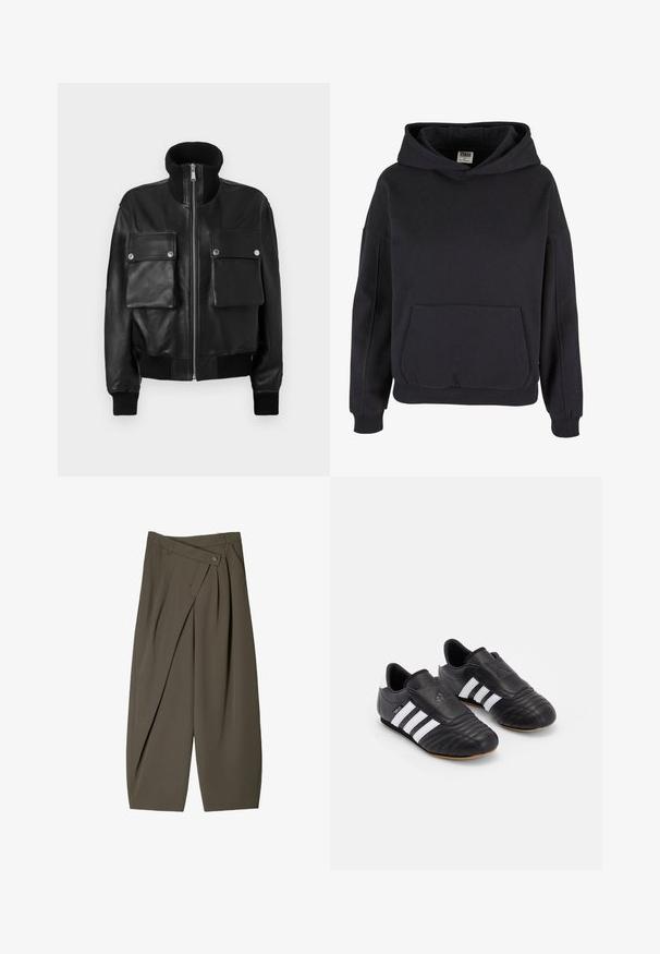 Crna kožna jakna s visokim rebrastim ovratnikom, prednjim patentnim zatvaračem, dva velika džepa s preklopom i dugmićima, te rebrastim manžetama i donjim rubom.; Crna pamučna dukserica s prostranom kengurufom, velikom kapom, rebrastim manžetama i rubom. Jednostavan, pulover dizajn bez vidljivih uzoraka.; Široke hlače od tamno maslinaste tkanine, s naboranim prednjim dijelom, kopčanjem na gumb i sjajnom, teksturiranom površinom.; Crne nogometne cipele s gornjim dijelom od teksturirane kože, s podstavljenim prednjim dijelom, tri bijele pruge sa strane i potplatom od gume.
