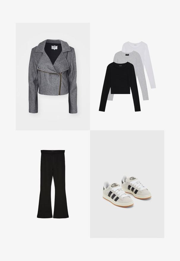 Pilkas, trumpas švarkas iš tekstūruotos medžiagos. Turi plačią apykaklę, asimetrinį užtrauktuką ir ilgas rankoves. Aukso užtrauktuko akcentas.; Trijų ilgomis rankovėmis marškinėlių krūva: juodas, pilkas ir baltas. Kiekvienas turi apvalų iškirpimą ir trumpą dizainą, pagamintas iš lygaus, lengvo audinio.; Juodos flared tipo legginsai, pagaminti iš tamprios medžiagos. Yra platus juosmuo ir lygus paviršius, su prie kūno priglundančiu siluetu, kuris pločiasi ties apatine dalimi.; Grynos zomšos sneakeriai su baltais raišteliais, juodomis juostelėmis ir balta gumine sole. Turintys apskritą logotipą ant liežuvėlio ir guminę sole.