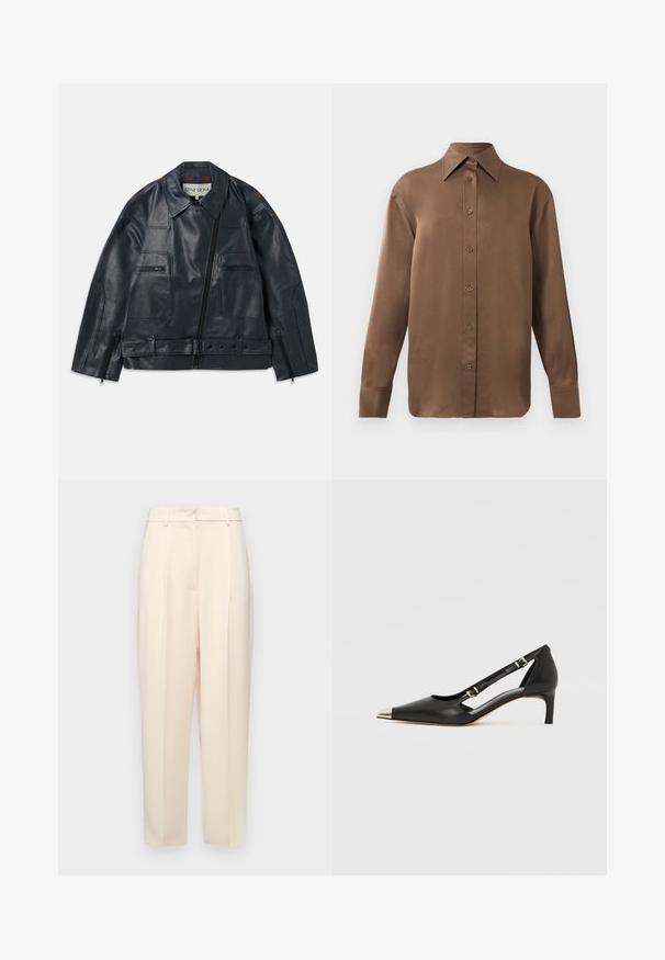 Haditengerészeti bőrkabát strukturált dizájnnal, cipzáras elülső résszel, két mellzsebbel és kontrasztos barna díszítéssel a vállakon.; Barna, hosszúujjú, gombos ing, hegyes gallérral és mandzsettákkal, egyszerű fehér háttér előtt kiemelve.; Beige, egyenes szabású testre szabott nadrág, elöl plisszírozással, sima textúrával és közepes derékkal. Nincsenek látható zsebek.; Fekete bőrből készült kismagassarkú, hegyes ezüst orrkupakkal és dupla csatos pántokkal, fehér háttéren.