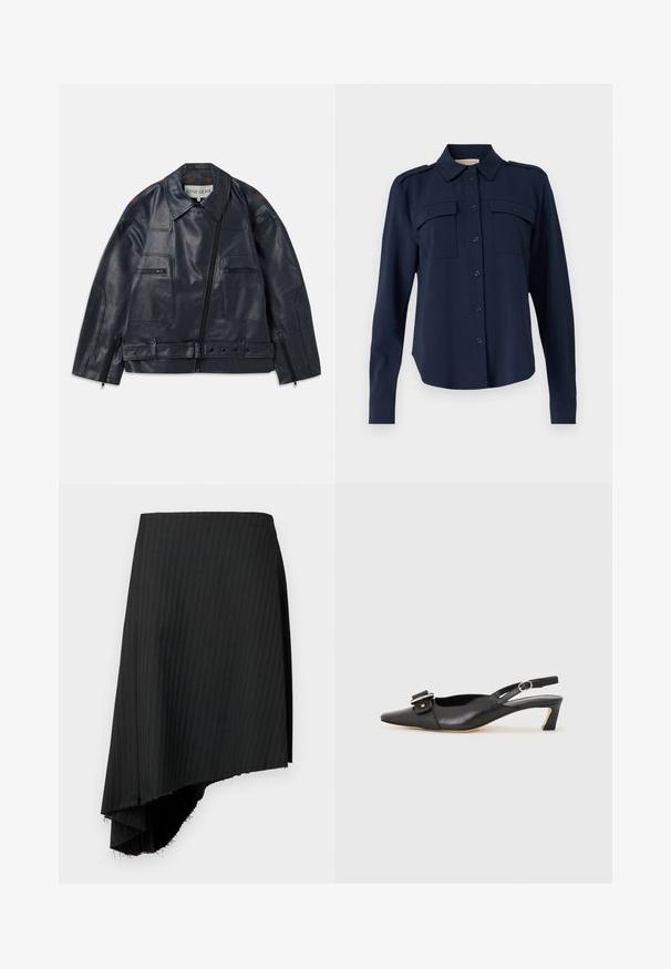 Tumesinine nahkjakk, millel on struktureeritud disain, lukuga esikülg, kaks rinna-taskut ja kontrastsed pruunid aktsendid õlgadel.; Tumedatane nööbiga särk, mis on valmistatud pehmest kangast. Omab kahte rinna taskut, õlavarre epauletti ning pikki varrukaid nööpidega mansettidega.; Mustra mustriga mustüüga kleit, millel on ebaühtlane äärejoon, sisaldades toored ääred. Valmistatud kergest kangast, millel on sile tekstuur.; Must must nahk slingback kingad terava varbaga, väikese kontsaga ja dekoratiivse pandlaga ülaosas. Sile tekstuur, minimalistlik disain.