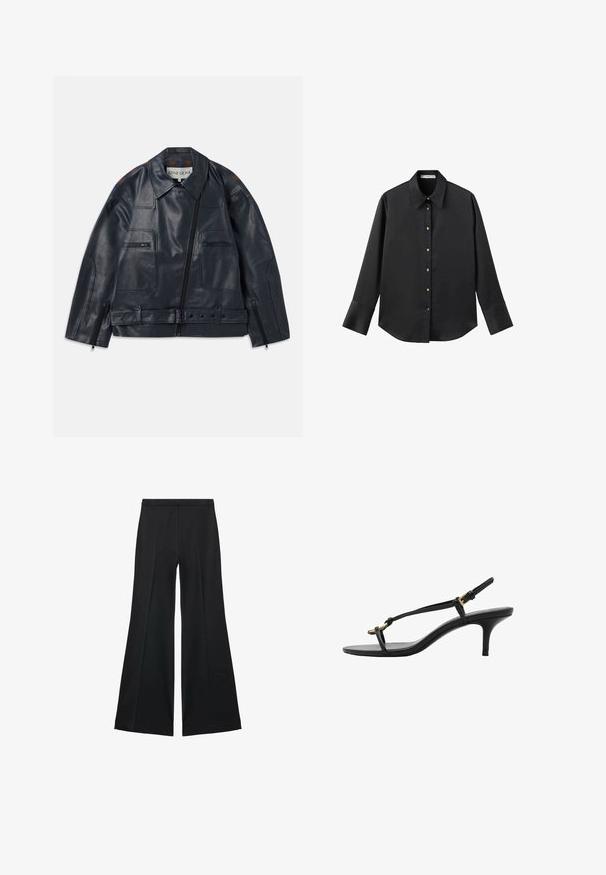 Námornícky kožený kabát so štruktúrovaným dizajnom, s ohňovými zipsom vpredu, dvoma náprsními vreckami a kontrastnými hnedými akcentmi na pleciach.; Čierna dlhá rukávová košeľa z hladkého materiálu, s klasickým golierom, predným zapínaním na gombíky so zlatými gombíkmi a širokými manžetami.; Čierne široké nohavice s hladkou textúrou, s prednými záhybmi a elegantným strihom. Materiál je ľahký a pruhlý.; Čierne kožené sandále na malom podpätku s tenkými pásikmi, zlatou prackou a minimalistickým prstovým pásikom na bielom pozadí.