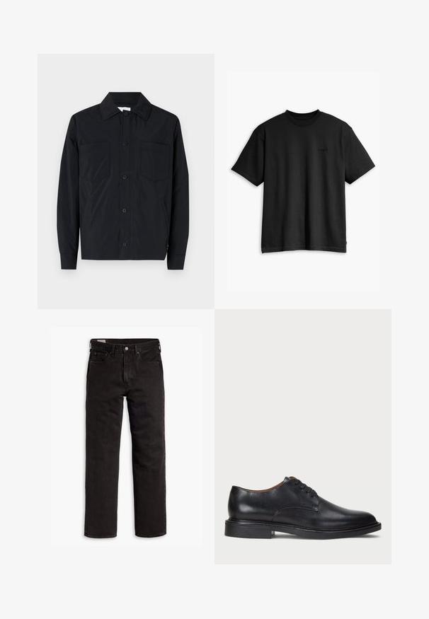 Černá kožená bunda na knoflíky vyrobená z lehkého materiálu, s dvěma náprsními kapsami, rovného límce a dlouhými rukávy. Hladký povrch a bez vzorů.; Černé bavlněné tričko s kulatým výstřihem a krátkým rukávem. Má decentní logo na přední straně a rovný lem. Jednoduchý a minimalistický design.; Černé džíny rovného střihu s pěti kapsami, zapínáním na knoflík a poutky na opasek, položené na bílém pozadí.; Černé kožené společenské boty s kulatou špičkou, šněrováním a nízkým podpatkem. Hladký povrch s minimálním šitím.