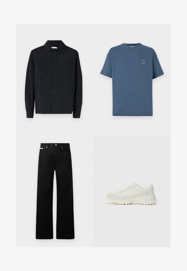 Svart knäppjacka i lätt tyg med två bröstfickor, rak krage och långa ärmar. Slät textur utan mönster.; Blå bomullströja med klassisk rund halsringning, korta ärmar, avslappnad passform och två små tryckta logotyper på bröstet. Slät textur.; Svarta denimbyxor med en vid bendesign, som har fem fickor och metallknappar. Slät textur, inga synliga mönster.; Vita sportskor med överdel i mesh och mocka, rund tå, platta snören och en texturerad, tjock gummisula. Logotyper på sidan och häl.