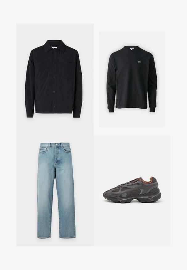Black button-up jacket made of lightweight fabric, featuring two chest pockets, a straight collar, and long sleeves. Smooth texture and no patterns.; Black long-sleeve t-shirt made of cotton, featuring a round neckline and a small green embroidered crocodile logo on the left chest.; Light blue denim jeans with a loose fit, straight legs, five-pocket design, and a button closure at the waist. Minimalistic stitching detail.; Lacoste sneakers in dark gray with mesh and synthetic material, featuring a textured sole and brown accents on the collar and branding.