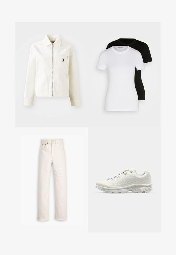 Hvid jakke lavet af bomuld med lynlås foran, spids krave og sidelommer. Har et lille logo-patch på brystet og lange ærmer.; To korte ærmede T-shirts i sort og hvid. Fremstillet af blødt bomuld med en klassisk rund halsudskæring og normal pasform.; Hvide denim jeans med lige ben, fem-lommestil og kobberdetaljer. Rå kantfinish ved anklerne.; Hvid løbesko med en åndbar mesh-overdel, teksturerede detaljer og en polstret sål. Udstyret med et hurtigt-lace system for nemtilpasning.