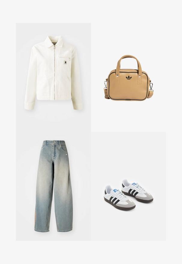 White jacket made of cotton with a zip front, pointed collar, and side pockets. Features a small logo patch on the chest and long sleeves.; White cotton t-shirt with short sleeves and a round neckline. Features a black Adidas logo on the chest and a contrasting black inner collar.; Light blue denim wide-leg jeans with a faded finish. Features front pockets, a button closure, and a subtle logo on the waistband.; Sport shoes with a white leather upper, gray suede toe, and three black stripes. Features a blue logo on the tongue and a textured rubber sole.; Tan vegan leather bag with two handles, detachable shoulder strap, black accent stitching, and a small black logo on the front.