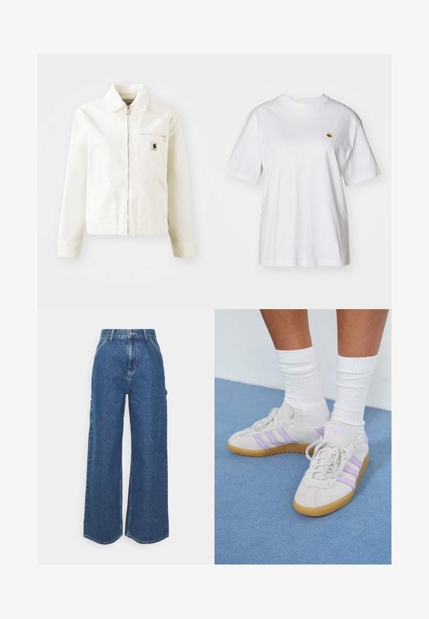 Hvit jakke laget av bomull med glidelås foran, spiss krage og sidelommer. Har et lite logo-lapp på brystet og lange ermer.; Hvit bomulls t-skjorte med avslappet passform, korte ermer og en liten brodert logo på venstre brystområde.; Videbeinete blå denimbukser med høy midje, kontraststing, og sidelommer, med et klassisk fem-lommers design og rå kanter.; Lys grå semsket sneakers med tre lavendelstriper, gummisåle, flate lisser og hvite ribbede sokker. Plassert mot en blå bakgrunn.