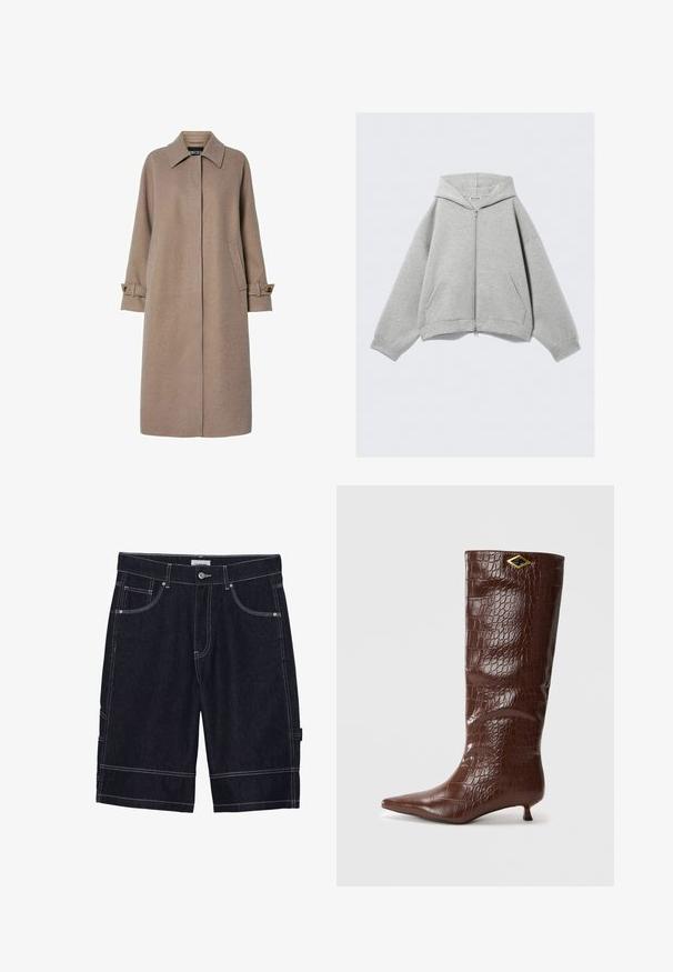 Beige villa sekoitettu takki suoran leikkauksen, korkean kauluksen ja sivutaskujen kanssa. Pitkien hihojen mansetissa napit yksityiskohtina.; Harmaa vetoketjuhuppari, joka on valmistettu pehmeästä puuvillasekoitteesta. Siinä on huppu, kenguru-taskut ja ribbaus hihansuissa. Rentoa ylisuurta muotoilua.; Valkoinen puuvillapaita, jossa on lyhyet hihat ja pyöreä pääntie. Sisäkauluksessa on vaaleanpunainen etiketti. Sujuva kangas.; Tummat farkkushortsit, joissa on kontrastiväriset ompeleet, viisi taskua, napitus ja suora leikkaus. Ei näkyviä kuvioita tai tekstuureja.; Ruske nahodne kožne čizme do kolena s uzorkom krokodila, s oštrom kapicom i malim, kvadratnim potpeticama. Imaju zlatni akcent u obliku dijamanta.