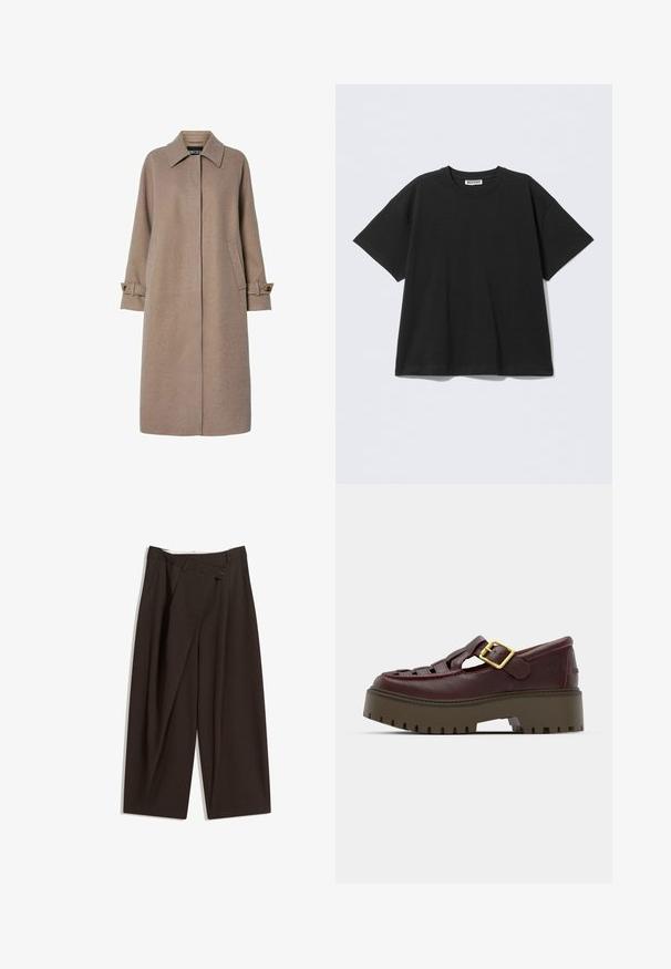 Beige uldblandede frakke med lige snit, høj krave og sidelommer. Har knapdetaljer på manchetterne af de lange ærmer.; Sort oversized t-shirt lavet af bomuld med rund halsudskæring og korte ærmer. Enkel design uden mønstre eller detaljer.; Mørkebrune brede bukser med høj talje, udstyret med en enkelt knaplukning og en plisseret front. Lavet af letvægtsstof.; Mørkerøde lædersko med åben design, robust platformsål, guld spænde detalje og struktureret ydersål for greb.