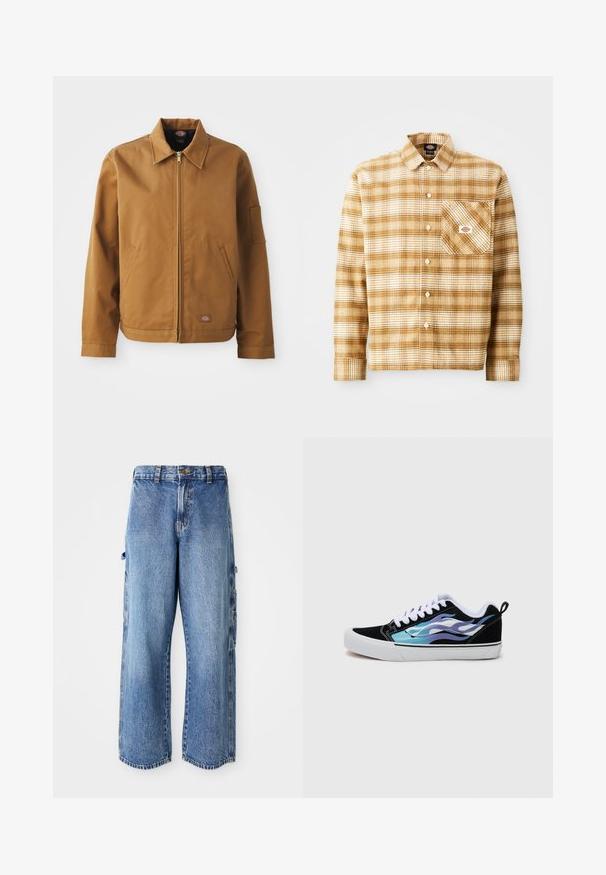 Brun bomulljakke med krage, frontglidelås, sidelommer og lomme på armen. Har en merketlapp nær hemmet.; Brun og kremfarget rutete skjorte med lange ermer laget av teksturert stoff, med en brystlomme og knapplukking, som har en etikett på lommen.; Svart bomull T-skjorte med rund hals, korte ermer og en liten rød og hvit Dickies-logo på brystet. Klassisk passform.; Lys blå denim cargo bukser med bred benpassform, som har sidelommer, en slittet tekstur og en lett frynset kant.; Sorte semskede sneakers med en hvit gummisåle. Har iriserende blå og lilla flamme-design. Hvite snørebånd og en bakre løftekrok.