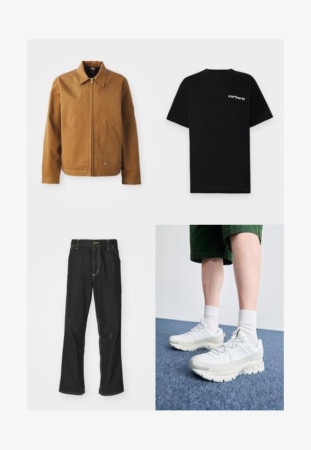 Giacca in cotone marrone con colletto, zip frontale, tasche laterali e tasca per il braccio. Presenta un patch con il marchio vicino all'orlo.; T-shirt in cotone nero con maniche corte, scollo a girocollo e logo bianco "Carhartt" sul petto a sinistra. Texture liscia, design minimalista.; Jeans in denim nero con una vestibilità ampia, caratterizzati da cuciture bianche a contrasto, chiusura a bottone e un design a gamba dritta.; Scarpe da ginnastica bianche con sovrapposizioni testurizzate, suola spessa e accenti grigi. Indossate con calze corte bianche e pantaloni corti verdi su una superficie blu.