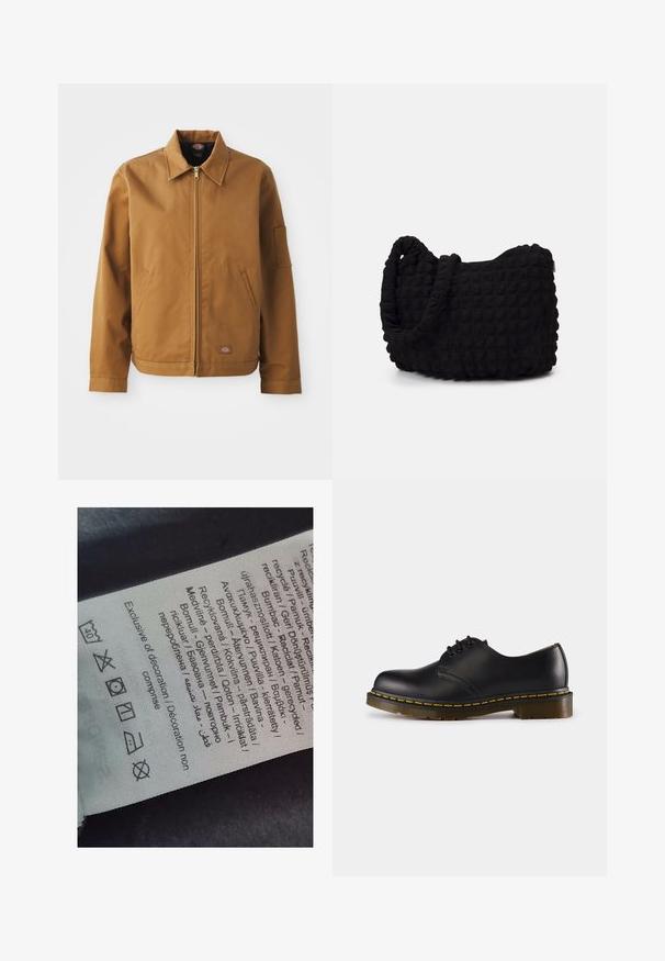 Brūna kokvilnas jaka ar apkakli, priekšējo rāvējslēdzēju, sānu kabatām un roku kabatu. Iezīmēta ar zīmolu pielāgojumu tuvu apakšmalai.; Piecu melnu T-kreklu komplekts ar garām piedurknēm. Īsas piedurknes, kokvilnas materiāls, standarta piegriezums. Gluda tekstūra bez redzamām rakstām vai rotājumiem.; Etiķete ar daudzvalodu tekstu, aprūpes simboliem un pārstrādes ikonām, drukāta uz mīksta auduma līdzīga materiāla gaišā krāsā.; Melna ādas kurpe ar noapaļotu purngali, šņorēšanas dizains, dzeltena šuvju līnija gar zoli un masīva, teksturēta gumijas zole.; Melnas auduma soma ar strukturētu, quiltotu rakstu. Apaļa forma, īsas, resnas rokturi un mīksta, elastīga konstrukcija.