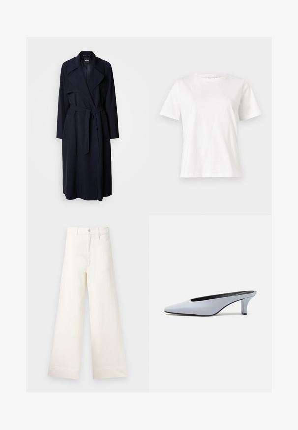 Casaco de trench navy com um grande colarinho, mangas longas, um cinto atado na cintura e bolsos laterais. Tecido suave com um design de ajuste descontraído.; T-shirt de algodão branco com mangas curtas, decote redondo e um corte descontraído. Textura suave, sem padrões ou detalhes, design minimalista.; Calças largas em algodão bege claro. Apresentam uma cintura alta, bolsos frontais e um corte reto. Acabamento de bainha limpo, sem padrões.; Mule de pele patente azul claro com bico alongado, salto baixo transparente e um design elegante com um recorte no vamp.